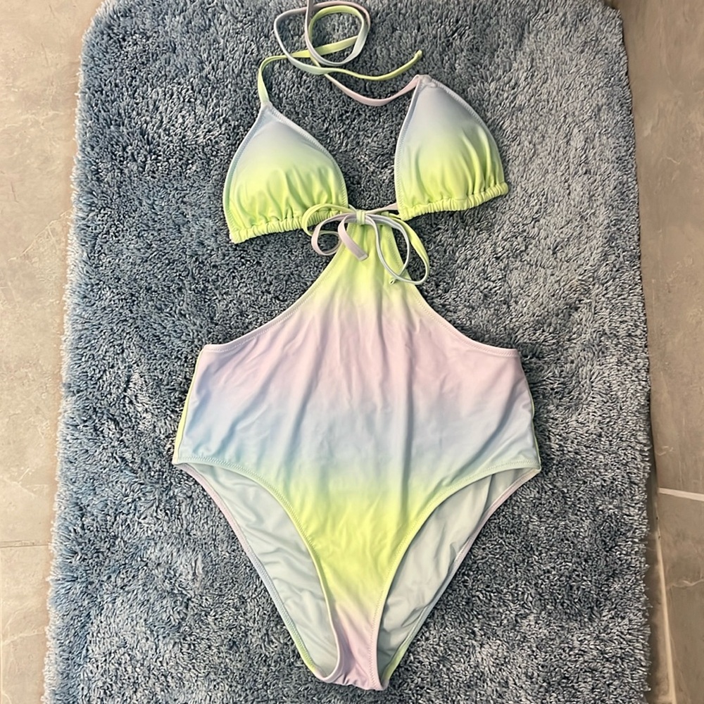 Aerie Ombre Purple Green Blue Cut Out String Monokini One Piece Swimsuit Lime Fi
